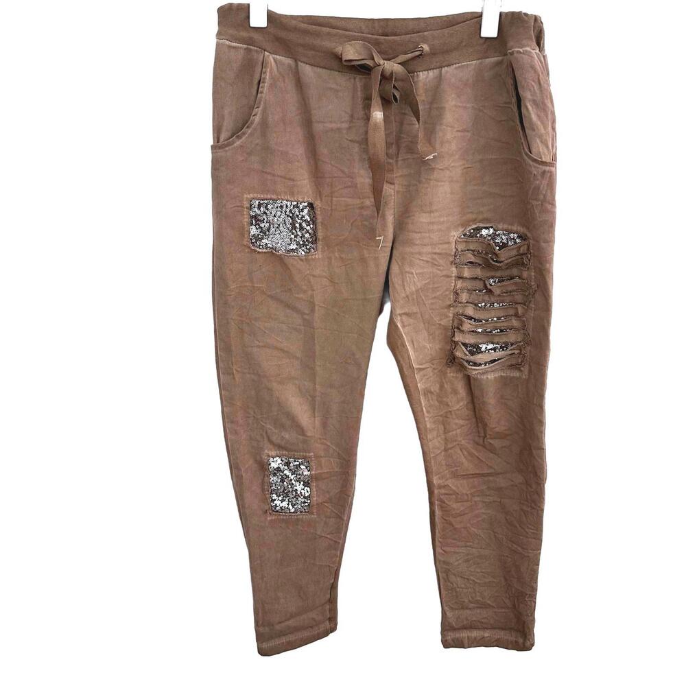 Bella Amore Women's Camel Casual Pants/Joggers with Sequin Patch Details - M